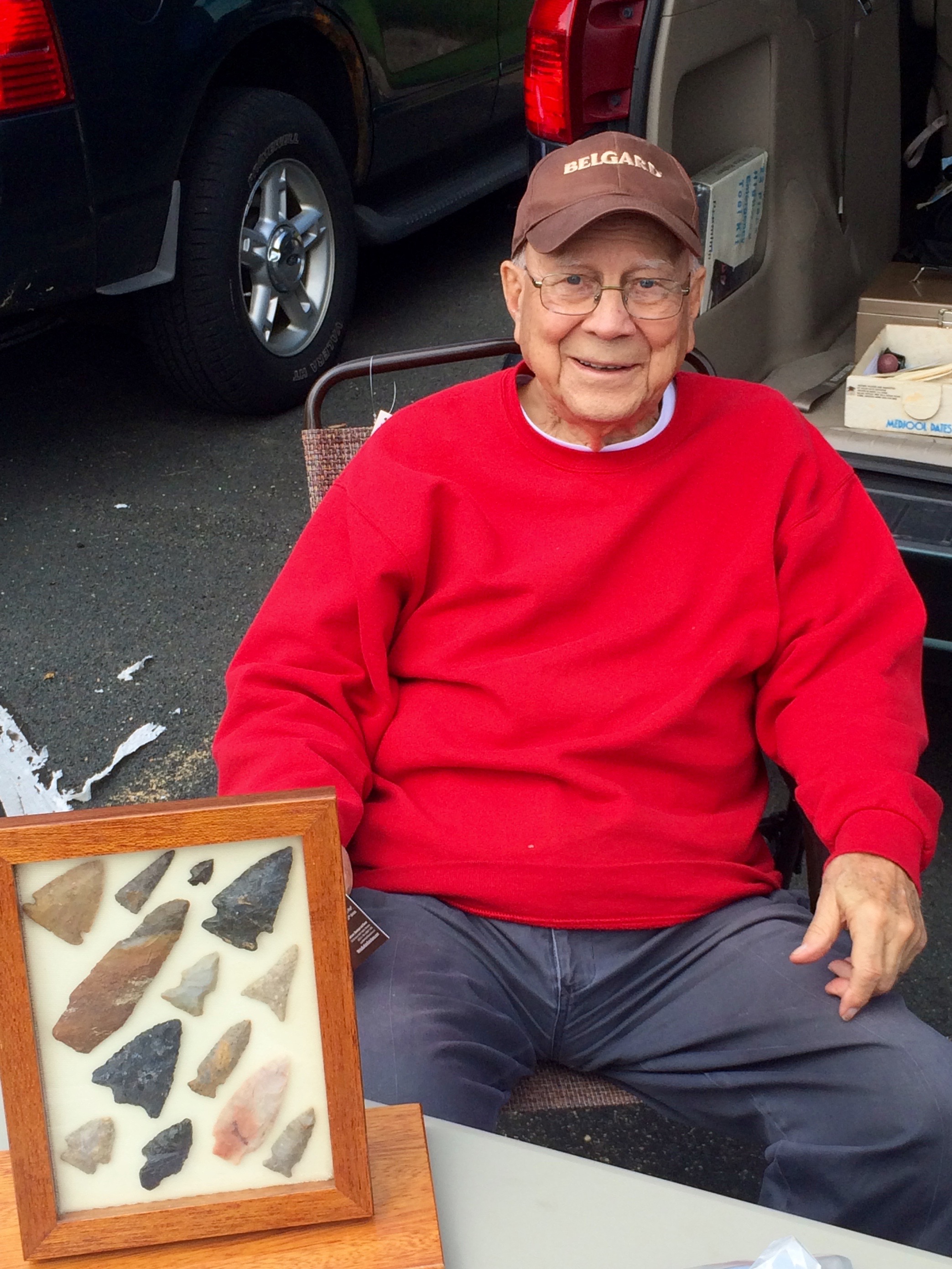 Mr. Lynn Rood with arrowheads inherited from his grandfather  at the Osseo Rock Swap